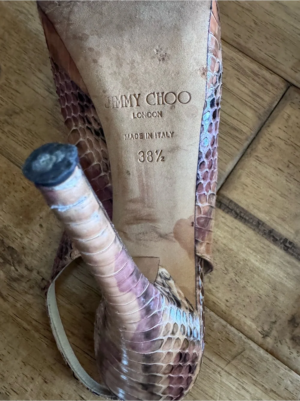 Jimmy Choo Brown Snakeskin Peep-Toe Slingback Heels - Picture 2 of 4
